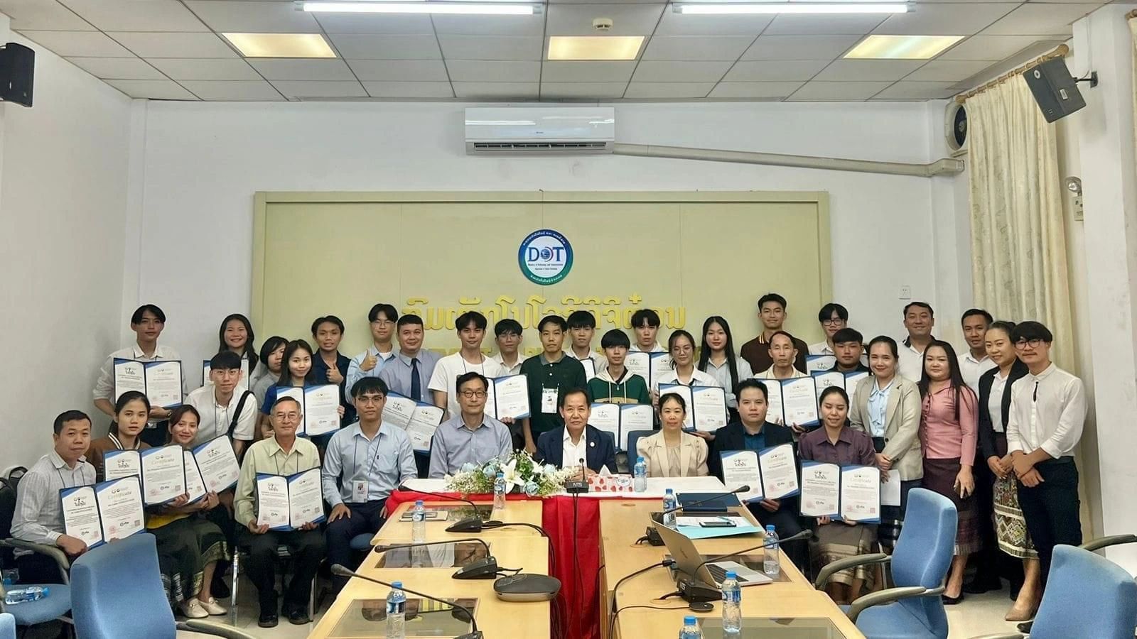 Closing ceremony of a 10-day ReactJS web development training at the Department of Digital Technology, Ministry of Technology and Communication, with Bounphone KOSADA as the main instructor.