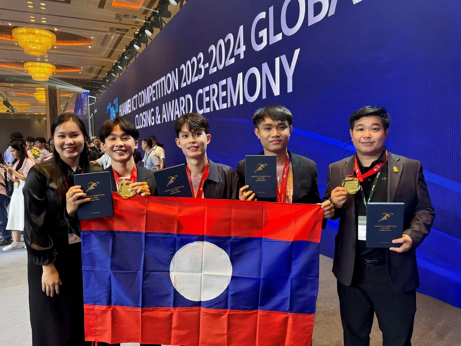 The OTT team from the Faculty of Engineering, National University of Laos, winning 3rd place in the Innovation Track at the Huawei ICT Competition 2023–2024 Global Final in Shenzhen, China.